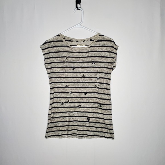 Madewell Other - Madewell Linen Tshirt Women XS Sequin Gray Coastal Nautical Stars Stripe
